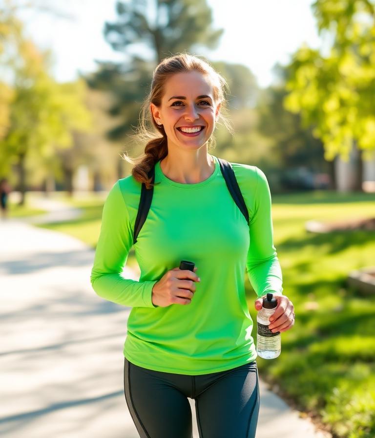 Woman walking outdoors on a sunny morning with a water bottle