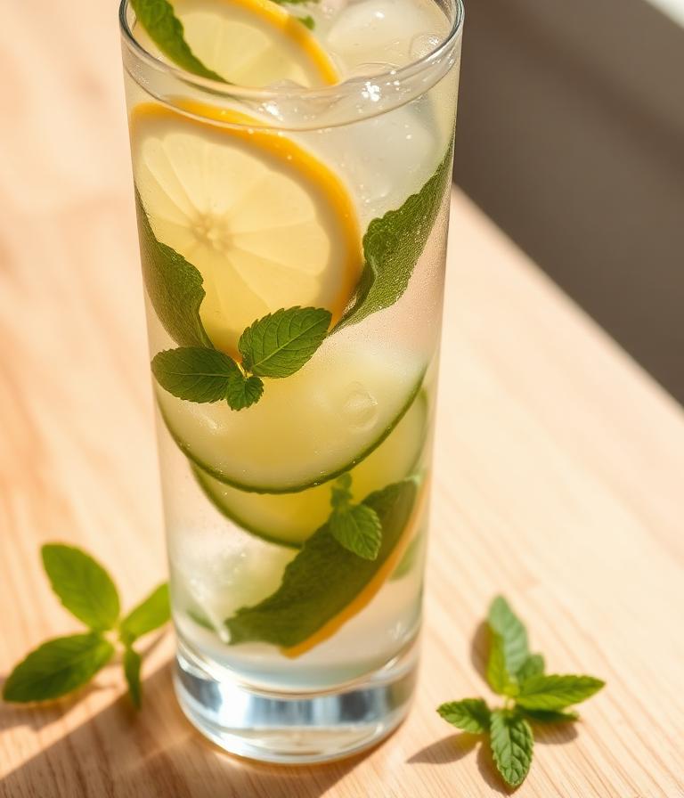 Glass of ice water with lemon, cucumber and mint