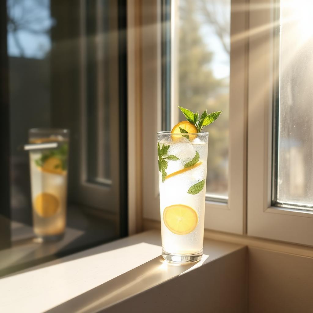 Glass of ice water with lemon and mint on a sunlit kitchen windowsill