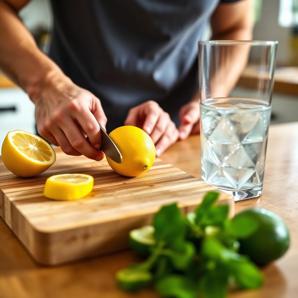Hands slicing fresh lemon on a wooden board beside a glass of ice water